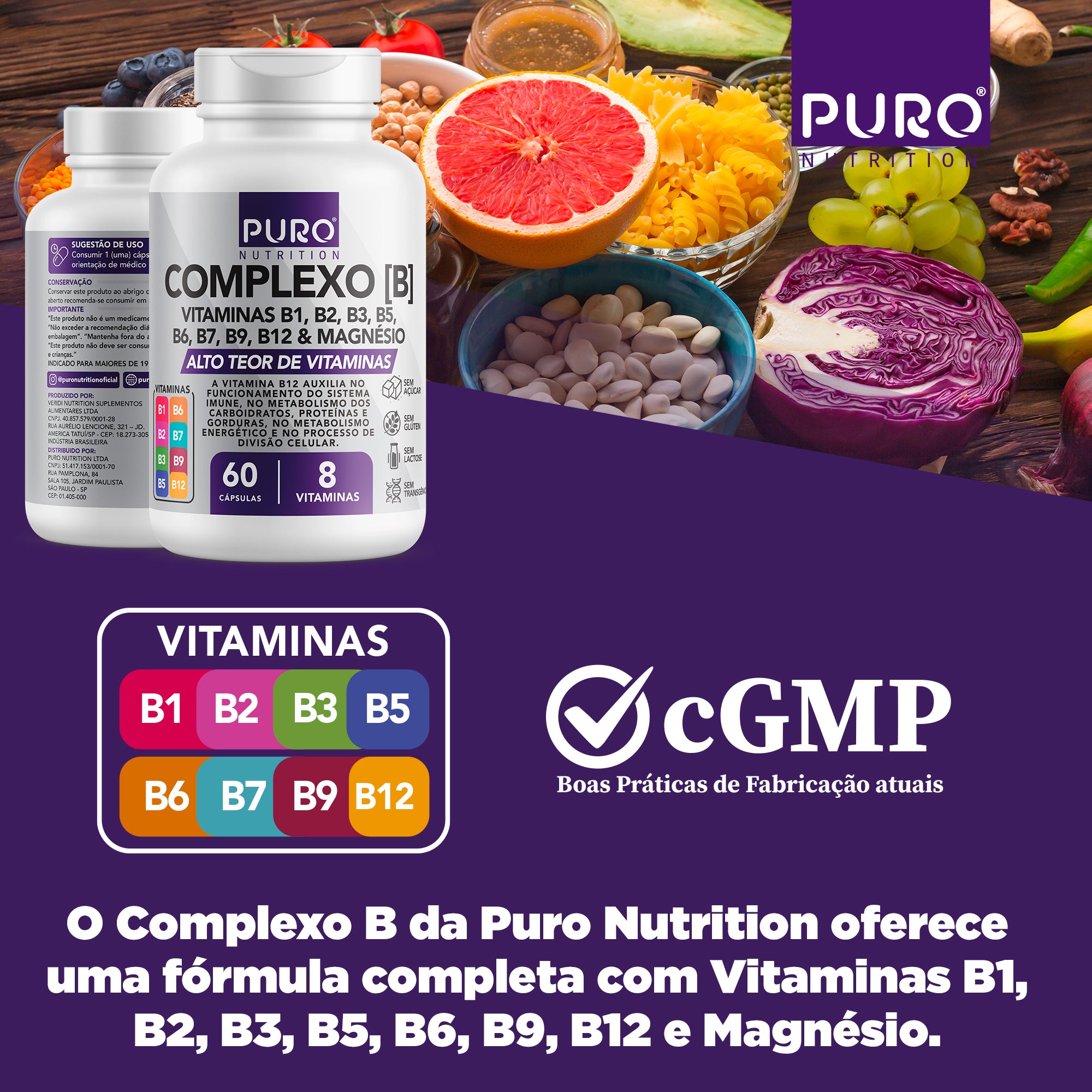 COMPLEXO B com Vitaminas B1, B2, B3, B5, B6, B9, B12 e Magnésio | 60 Cápsulas