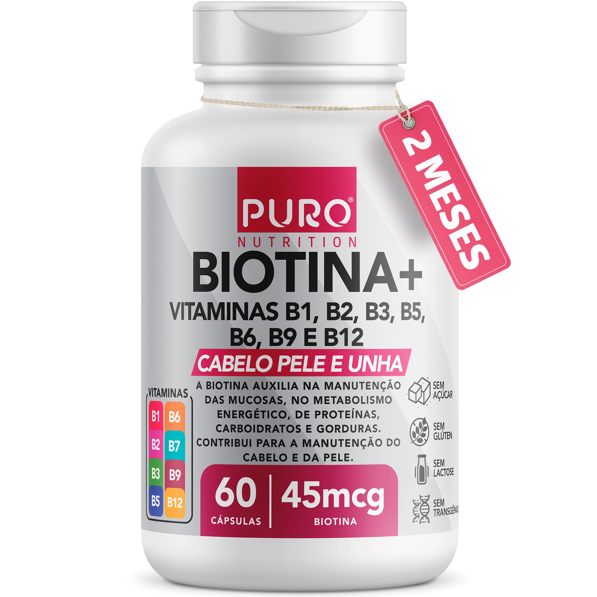BIOTINA + 45 mcg 45 mcg Pele, Cabelo e Unhas | Vitaminas B1, B2, B3, B5, B6, B9 e B12 | 60 Cápsulas