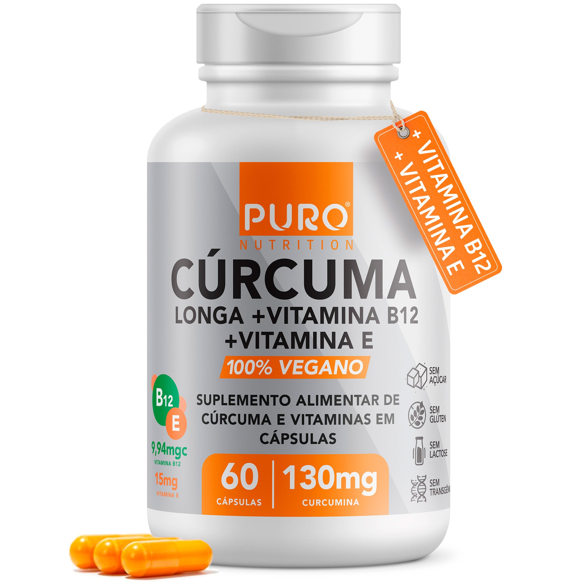 CÚRCUMA em Cápsulas 130 mg com Vitamina B12 + Vitamina E | 60 Cápsulas | Suplemento Vegano