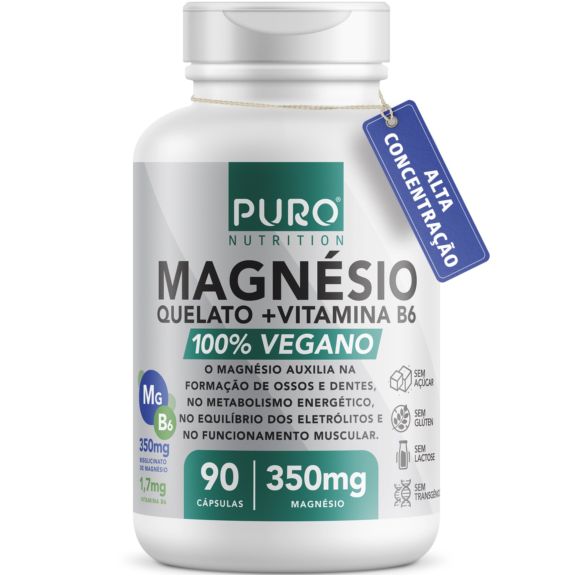 MAGNÉSIO QUELATO, Bisglicinato 350mg com Vitamina B6 | 90 Cápsulas