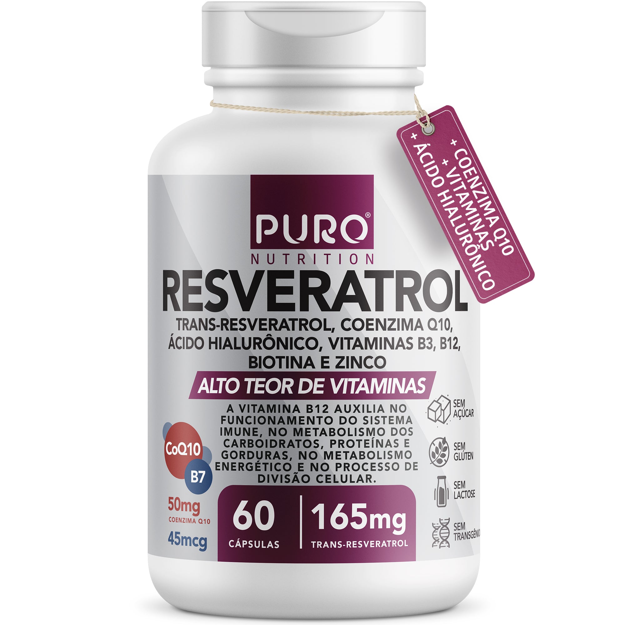 RESVERATROL Trans 165 mg com Coenzima Q10 e Ácido Hialurônico | 60 Cápsulas
